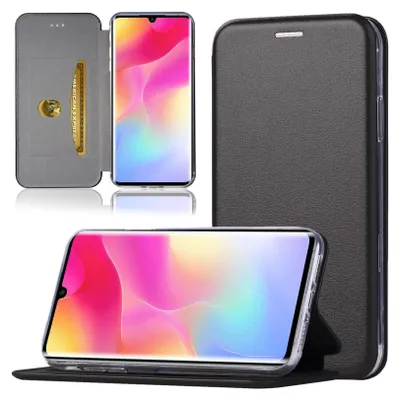 A black flip case for a smartphone is shown in multiple views, including open and closed.