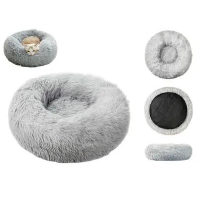 A collage of images showing a round, fluffy pet bed in gray from different angles, including one with a cat inside.