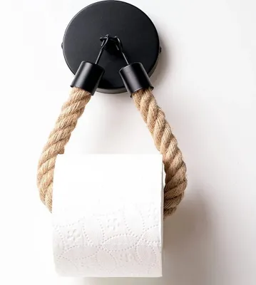Image de Support papier WC avec corde, support papier WC , MONTAGE SUR CADRE, support rouleau WC, poinçonnage, noir