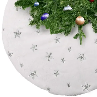 Immagine prodotto di Copertura rotonda per albero di Natale, bianca, in ecopelliccia, con stelle, diametro 122 cm