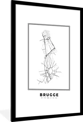 Produktbild von MuchoWow® Gerahmtes Poster Karte - Belgien - Brügge - Schwarz und weiß - Stadtplan 60x90 cm - Poster mit Schwarzem Bilderrahmen Wandposter Rahmen Foto Bilder - Dekoration - Wandposter Wohnzimmer - Hochwertig