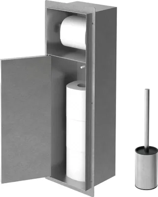 A stainless steel bathroom cabinet with an open door, showing storage for toilet paper rolls, and a toilet brush holder next to it.