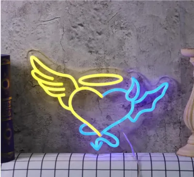 Image de Lumière LED NEON, luminaire mural décoratif, cœur avec ailes, ange diable, bleu jaune, env. 35 x 27 x 2 cm