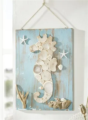 Produktbild von Wandbild aus Holz "Seepferdchen" türkis, mit echten Muscheln, Holzbild, Wanddeko im Shabby Look