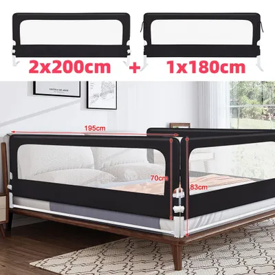 Produktbild von Klappbar Rausfallschutz Bett 200CMx2+180CMx1,Baby Bettgitter Kinderbettgitter Bettschutzgitter für Kleinkinder Baby Schwarz(NICHT FÜR SPRINGBETTEN)