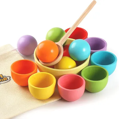 Immagine prodotto di Palla arcobaleno Montessori, giocattolo per l'ordinamento dei colori - 7 palline, 46 mm, gioco in legno per bambini in età prescolare