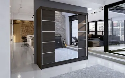 A modern living room with a large sliding door wardrobe.