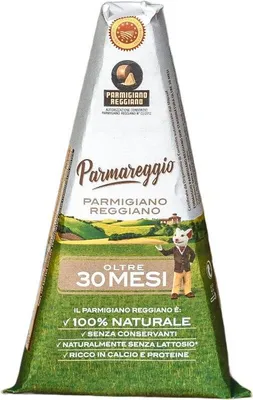 A triangular wedge of Parmigiano Reggiano cheese in its packaging.