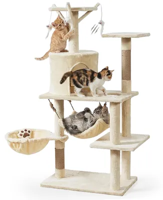 Produktbild von Großer Katzenkratzbaum in Beige mit 7 Ebenen, Kuschelhöhle, Liegefläche, Hängematte und Kratzstamm