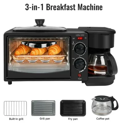 Obrázok produktu pre Multifunkčná raňajková stanica – mini rúra a kávovar – 9 litrová rúra – 600 ml kanvica na kávu – 600W grilovacia doska – 220V – čierna