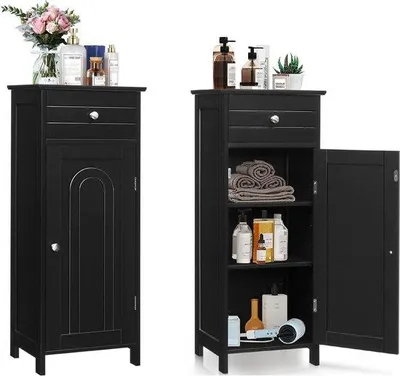 Immagine prodotto di Mobile da bagno compatto, nero, 35x30x88 cm, con cassetto e ripiano