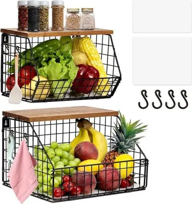 Produktbild von Hängender Obstkorb Schwarz Holzdeckel für Küche
