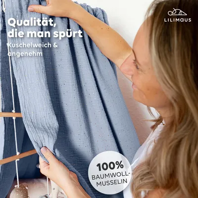 Produktbild von Babybett Himmel Blau mit Goldapplikation, ohne Himmelstange - Musselin