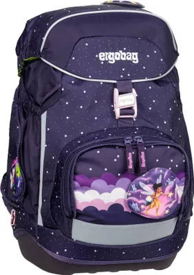 A purple backpack with a starry pattern and a fairy graphic.
