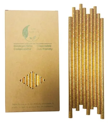Obrázek produktu pro Papírové brčka, barva: zlatá, 100 kusů, kompostovatelná, délka 19,7 cm