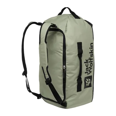A mint green duffel bag with black straps and zippers, featuring the Jack Wolfskin logo.