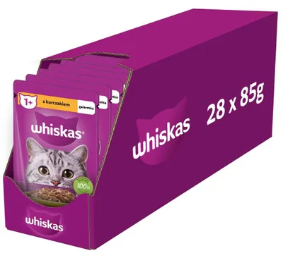 Zdjęcie produktu dla Whiskas Adult 28x85g Mokra Karma Pełnoporcjowa Dla Dorosłych Kotów Kawałki Z Kurczakiem W Galaretce