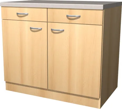 Produktbild von Flex-Well Küchenunterschrank Namu, Buche melaminbeschichtete Spanplatte, 100 cm x 85 cm x 60 cm, mit Arbeitsplatte, 2 Schubkästen, 1 Einlegeboden, 2 Drehtüren, wechselseitig montierbare Türen, schnelle Montage.