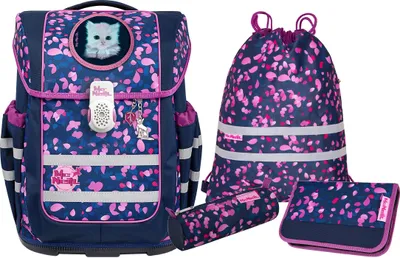 A set of school supplies including a backpack, drawstring bag, pencil case, and wallet, all with a matching blue and pink floral pattern.