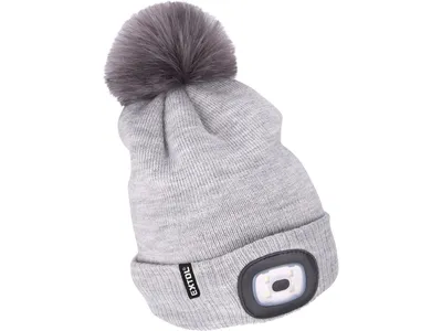 A light gray knitted beanie with a grey pom-pom and a black patch containing a white LED light on the front.