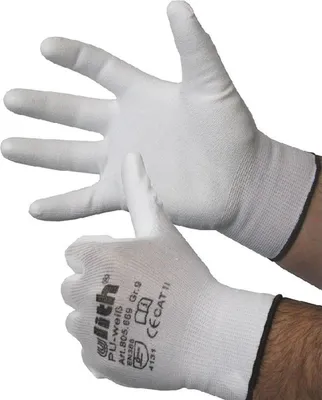 Produktbild von Nylon Feinstrick-Handschuhe mitweißer PolyurethanBeschichtung, Cat II, Größe 8