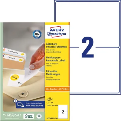 Image de Avery Zweckform L4734REV-100 Étiquettes universelles, 199,6 x 143,5 mm, 100 feuilles/200 étiquettes, blanc