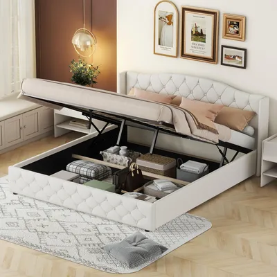 Obrázok produktu pre Postel Merax, 180x200 cm, čalúnená posteľ z ľanu s hydraulickým úložným priestorom, úložný box pod posteľou, čalúnená dvojlôžková posteľ, nízka posteľ, stabilná konštrukcia, béžová farba