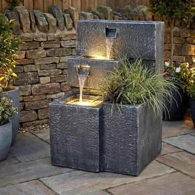 Productafbeelding van Tuinfontein met plantenbak - Decoratieve waterval - Tuin decoreren - Geïntegreerde ledverlichting - 75 cm hoog - Grijs