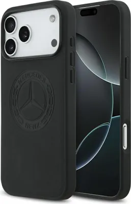 A black iPhone case with the Mercedes-Benz logo is shown next to an iPhone.