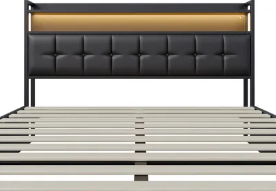 Obrázek produktu pro Čalouněná postel 140x200 cm vPolyuretantkanině - s LED diodou a nabíjecím portem - s roštovou základnou - černá