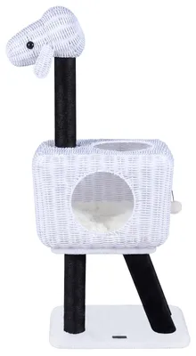 Productafbeelding van COSTWAY kraboom, 110 cm hoog, gemaakt van PE-rotan, klimboom met kattenhol, speelbal, sisal krabpalen en een wasbaar kussen, geschikt voor katten tot 20 kg, wit