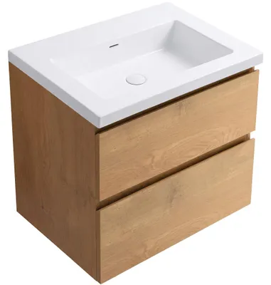 Produktbild von Badezimmerschrank Carole – Honig-Eiche + Waschbecken aus Gussmarmor Ovo – weiß, glänzend – 50,5 x 53 x 46,5 cm