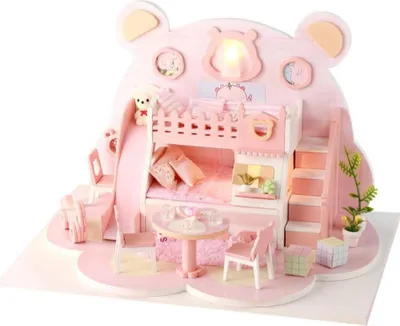 Produktbild von Habarri | Miniaturhaus - DIY-Puppenhaus - Holzhaus mit Möbeln und LED-Beleuchtung - Geschenk für Kinder - Rosa Bär