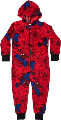 Produktbild von Marvel Spiderman Jumpsuit mit Kapuze für Jungen - Overall Kinder Pyjama Schlafanzug langarm Rot, Größe:98-104