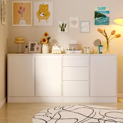 Immagine prodotto di Mobile contenitore con 3 ante, 3 cassetti, in MDF, finitura bianca effetto legno, dimensioni 180 x 80 x 35 cm