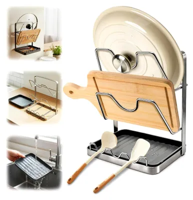 Produktbild von Topfdeckel-Organizer für die Küche, Halter mit Löffelablage und abnehmbarer Abtropfschale, Deckelhalter für Arbeitsplatten oder Wand, stabil und platzsparend (Silber)