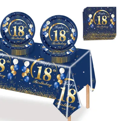 Immagine prodotto di Set di decorazioni per il 18° compleanno, stoviglie per feste, colore blu e oro, 37 pezzi per 16 ospiti