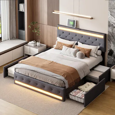 Immagine prodotto di Letto 140x190 cm con illuminazione a LED, porta USB, 4 cassetti e contenitore per biancheria, colore grigio