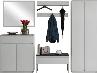 Produktbild von MIRJAN24 Garderobe-Set Simply II, Garderobe & Flur,  6er-Set - Kleiderschrank, Kommode, Schrank, Spiegel, 2x Kleiderhaken (Farbe: Grau / Grau + Ontario 97)