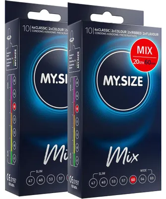 Zdjęcie produktu dla Prezerwatywy MY.SIZE Mix 60 mm, 20 sztuk – rozmiar XXL | Warianty: niebieskie, czerwone o smaku truskawkowym, żebrowane, naturalne | Prezerwatywy najwyższej jakości | Niemiecka marka | Grubość ścianki 0,07 mm | Z naturalnego lateksu kauczukowego, nawilżone, z rezerwuarem | Prezerwatywy dla mężczyzn o węższym rozmiarze