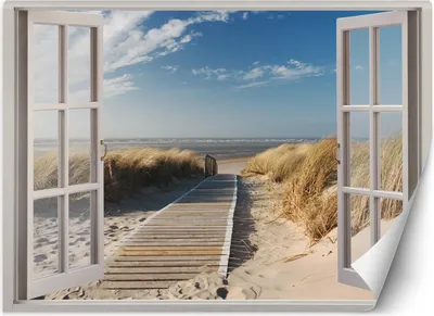 Produktbild von Vlies fototapete Fenster Blick auf Strand Dünen Pier 140x100 cm Feeby Blau inkl. Kleber einfache Montage