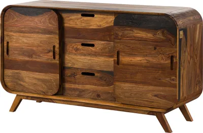 A wooden sideboard with three drawers and two doors, set against a white background.