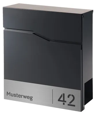 Produktbild von Briefkasten Wandbriefkasten Postkasten - Zinkstahl - Anthrazit RAL 7016 - Mit Zeitungsfach - Personalisierbar mit Hausnummer und Straßenname