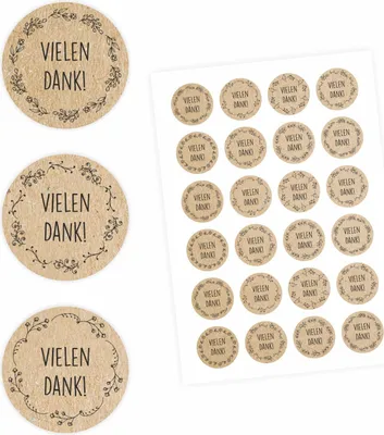 Produktbild von 24 Vielen Dank! Aufkleber - Floral Kraftpapieroptik - rund 4 cm Ø - Dankeaufkleber Sticker Hochzeit Gastgeschenk