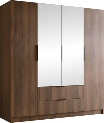 Produktbild von MIRJAN24 Kleiderschrank Sofia II 200, Schlafzimmer, mit Spiegel, Drehtürenschrank, mit Kleiderstange, Modern, Garderobenschrank, Metallgriffe (Farbe: Nuss Warmia + Schwarz)