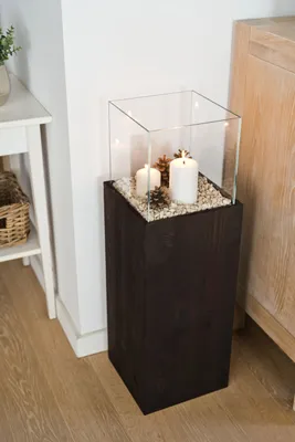 Produktbild von Windlicht-Säule Kerzenständer Deko-Laterne Deko-Säule für Wohnzimmer, Balkon, Terrase Kerzensäule Bodenwindlicht aus Holz & Glas Dunkelbraun 80cm hoch