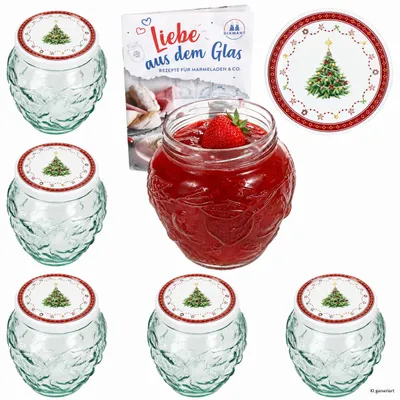 Immagine prodotto di Set da 6 vasetti per frutta, marmellata, capacità 580 ml, tema "Sogno di Natale", con coperchio e confezione