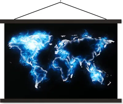 Produktbild von MuchoWow® Textilposter Weltkarte - Blau - Schwarz 90x60 cm mit schwarzem Rahmen - Aufhängungssatz