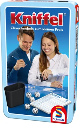 Produktbild von Schmidt Spiele 51203 Kniffel, hra v kovové plechovce Bring me along, barevné provedení