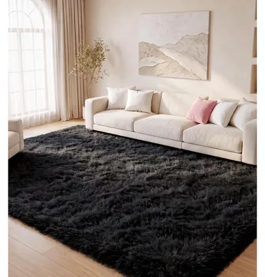 Obrázek produktu pro Koberec do obývacího pokoje, černý, 160x230 cm, huňatý, měkký, obdélníkový